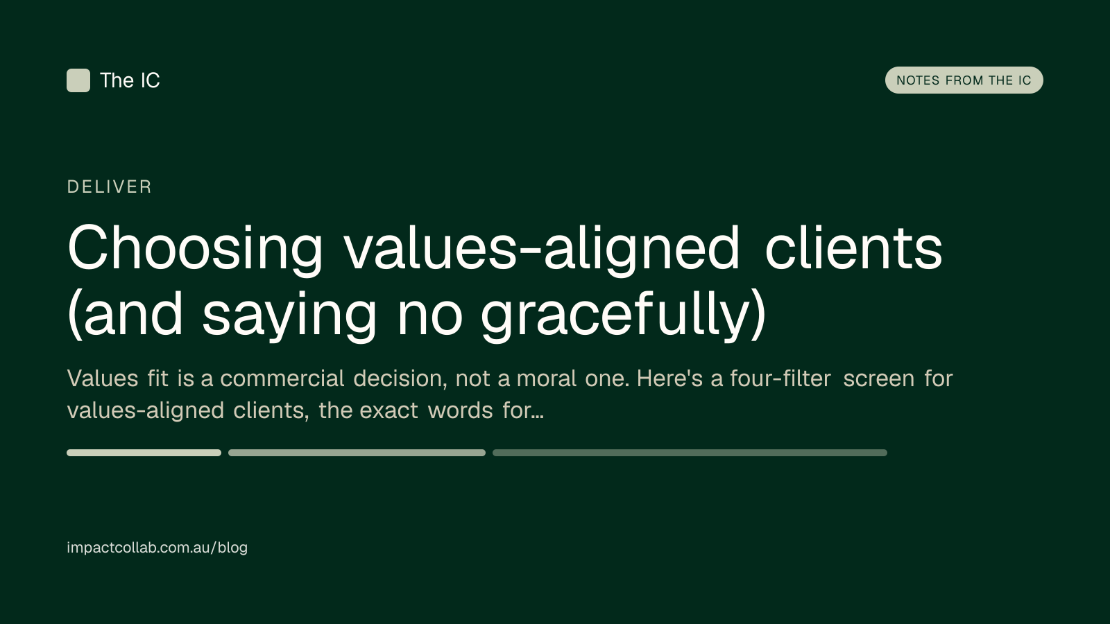 The Impact Collab deliver title card: "Choosing values-aligned clients (and saying no gracefully)".