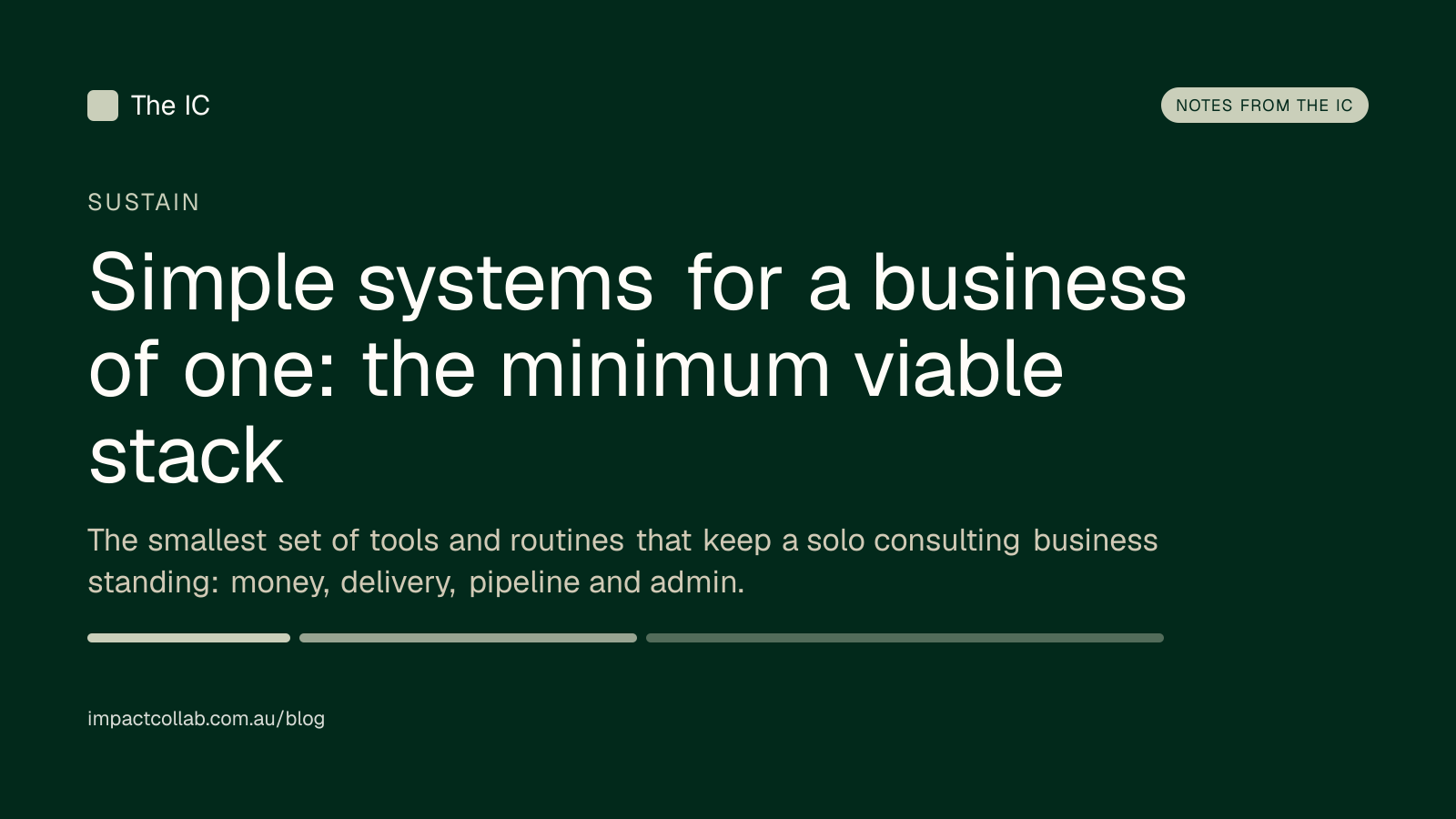 The Impact Collab sustain title card: "Simple systems for a business of one: the minimum viable stack".