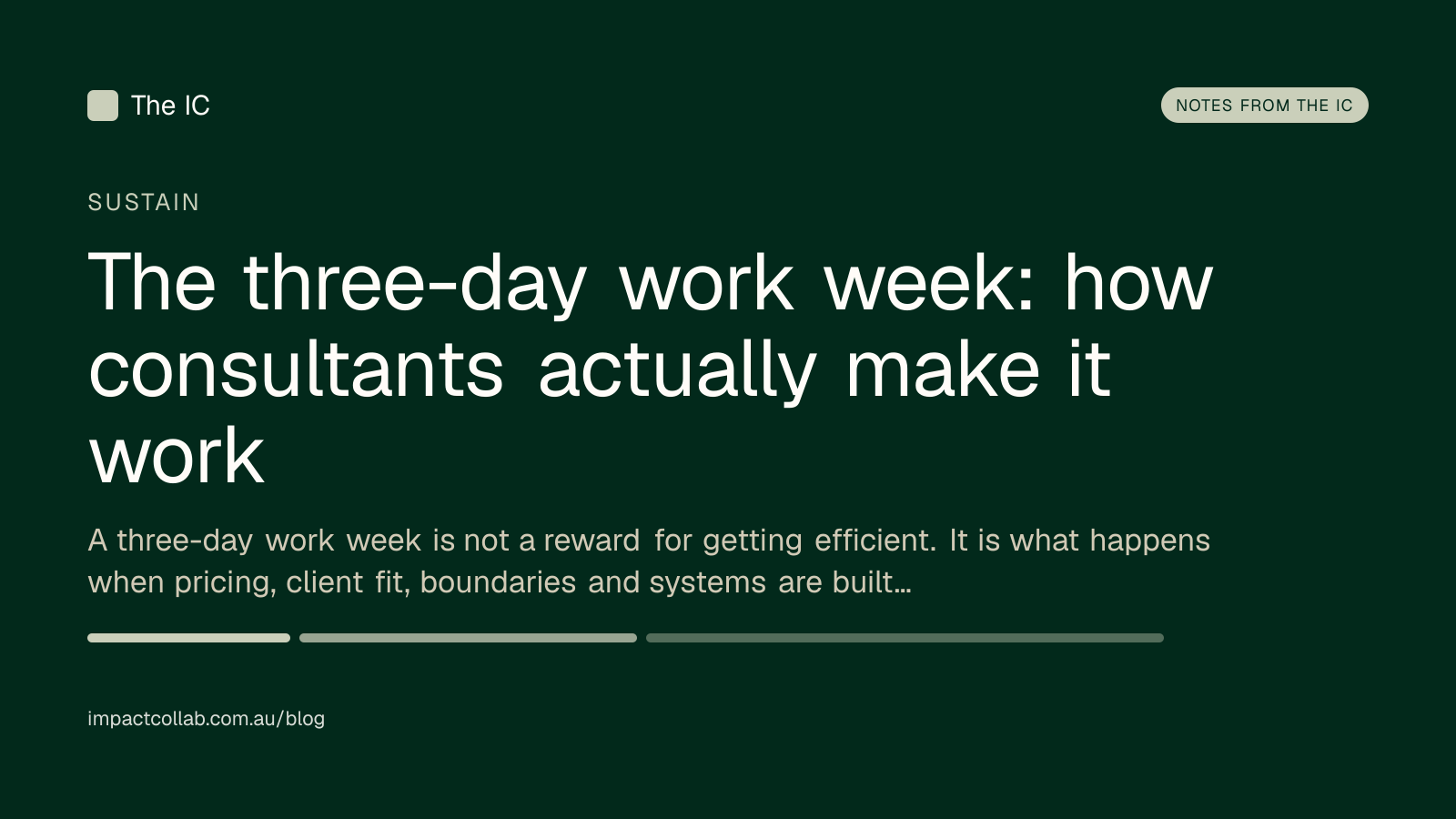 The Impact Collab sustain title card: "The three-day work week: how consultants actually make it work".