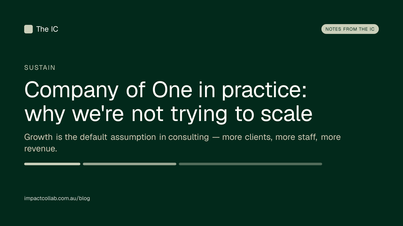 The Impact Collab sustain title card: "Company of One in practice: why we're not trying to scale".
